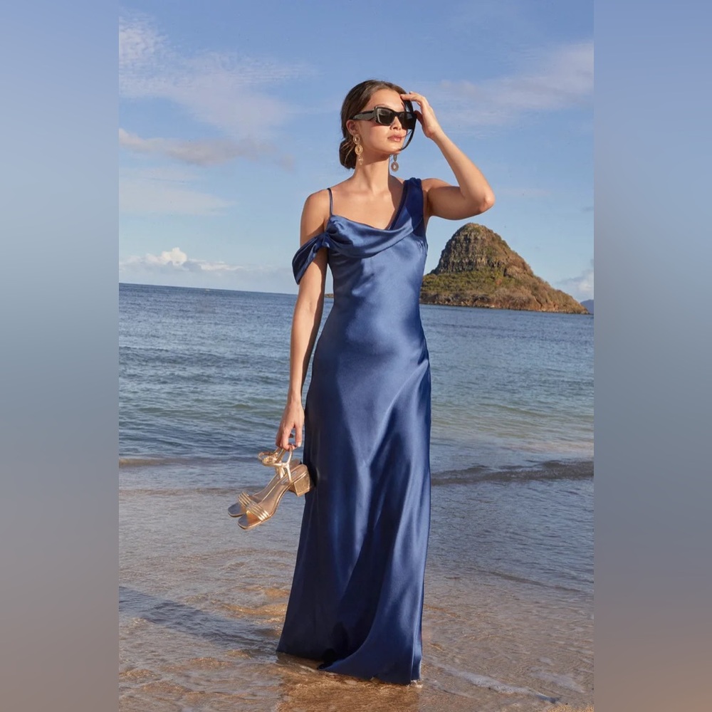 NWT: Lulu’s Elevated Romance Navy Blue Satin Asymmetrical Maxi Slip Dress